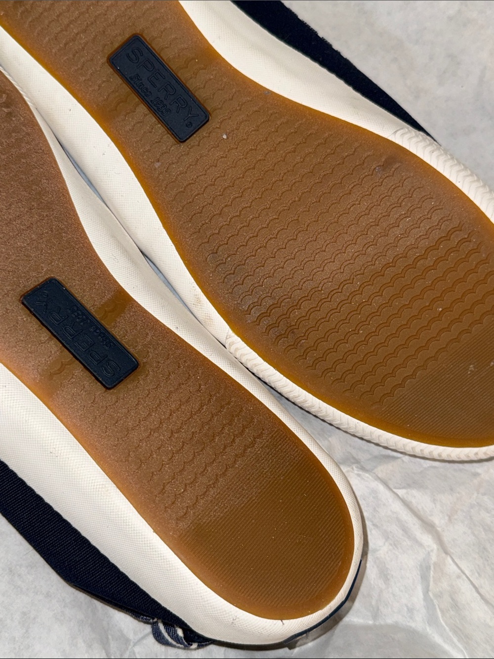Sperry Navy Blue Striped Canvas Boat Shoes with Tan Laces - Picture 5 of 7